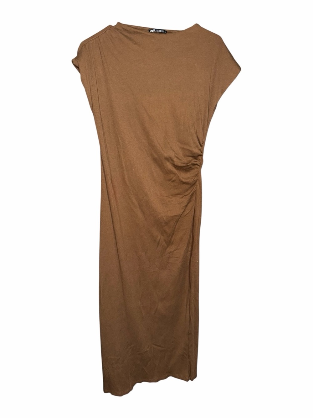 Zara Camel One-Shoulder Ruched Maxi Dress